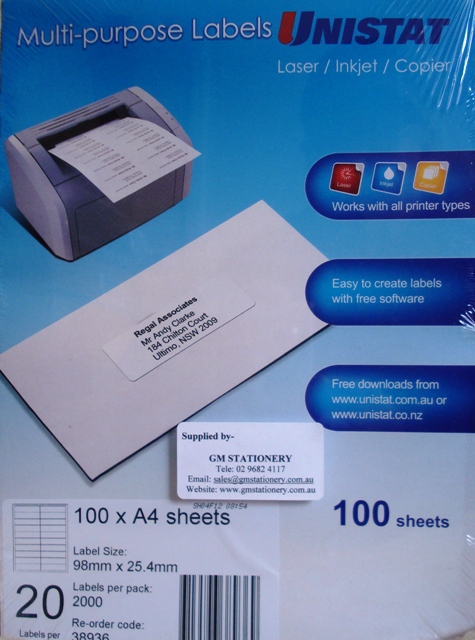 38936 Label Unistat 98x25mm 20 per sheet Box 2000.